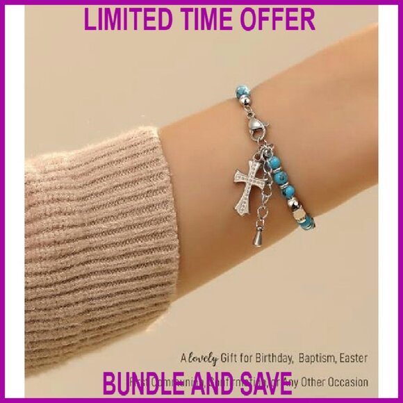 Adjustable Stainless Steel Cross Bracelet with Gemstones, Christian Gift - Picture 6 of 8